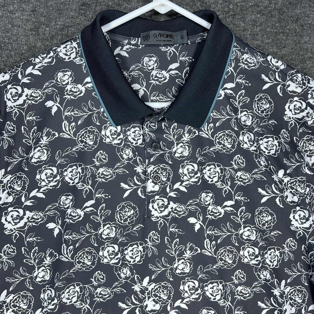 G/Fore Polo Shirt Mens L Gray Peony Floral Performance Golf Banded Short Sleeve